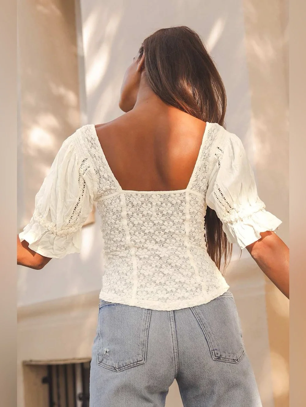 Free People Ivory Lace Square-Neck Puff Sleeve Top